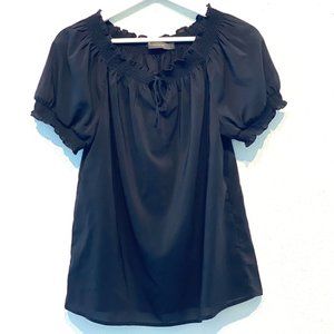 Outback Red by The Limited Black Puffy Sleeve Smocked Top Blouse Shirt